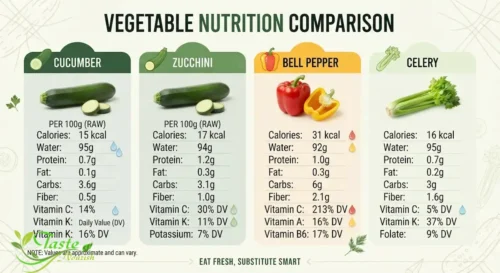 nutrition comparison of cucumber, zucchini, bell pepper, and celery