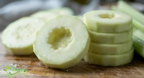 Peeled and seeded zucchini sliced into cucumber-style rounds