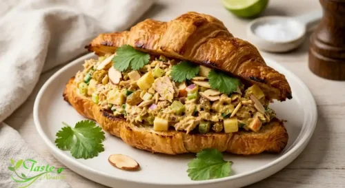 Curried tuna salad sandwich piled on a toasted croissant