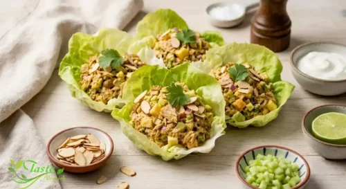 Curried tuna salad served in butter lettuce cups as a low-carb variation