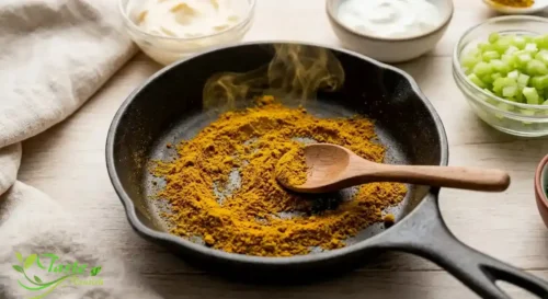 Curry powder toasting in a small dry skillet to deepen its flavor before mixing