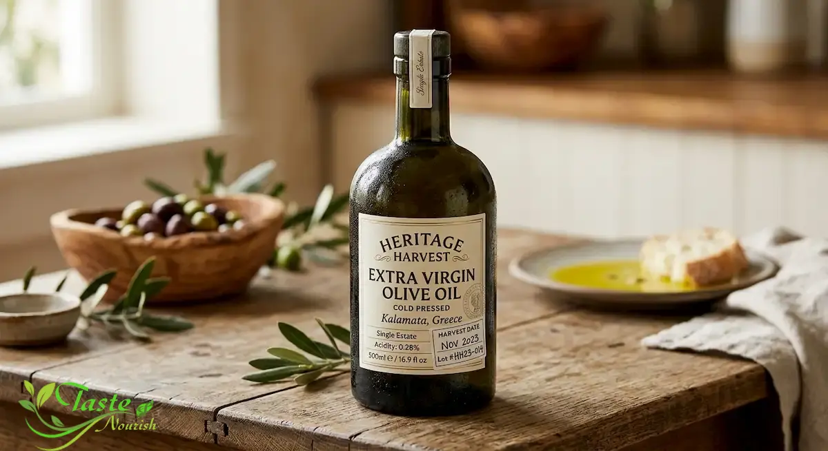 How to Choose Extra Virgin Olive Oil: A Complete Buying Guide Dark glass bottle of extra virgin olive oil with a visible harvest date label