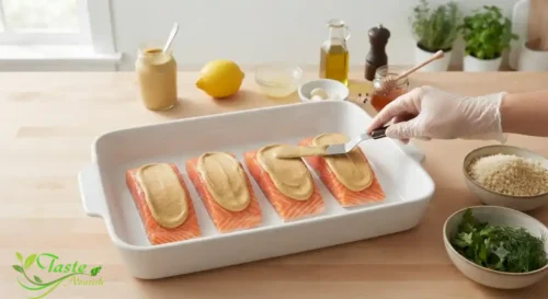 Spreading Dijon mustard sauce over salmon fillets