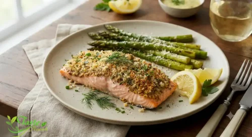 Dijon mustard salmon plated with roasted asparagus and lemon wedges