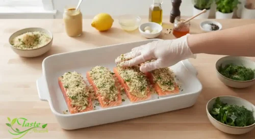 Pressing herb panko crust onto Dijon-coated salmon fillets