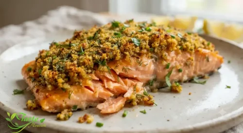 flaky baked salmon showing a golden Dijon herb crust