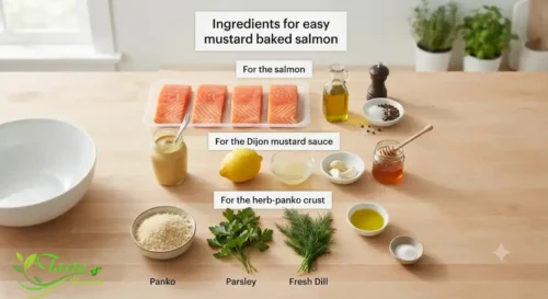 Ingredients for easy mustard baked salmon, including Dijon mustard, lemon, garlic, panko, and fresh herbs