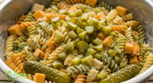 tangy dill pickle pasta salad showing pickle chunks and fresh dill