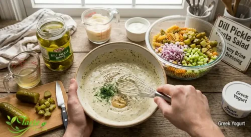 Creamy pickle brine dressing being whisked for dill pickle pasta salad