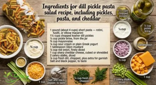 Ingredients for dill pickle pasta salad recipe, including pickles, pasta, and cheddar