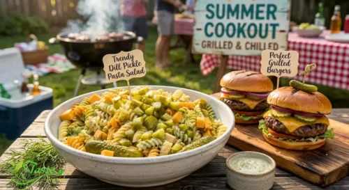 Trendy dill pickle pasta salad served alongside grilled burgers at a summer cookout