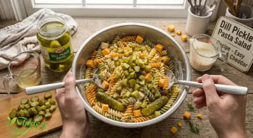 Tossing pasta, pickles, and cheddar together for easy pickle pasta salad recipe