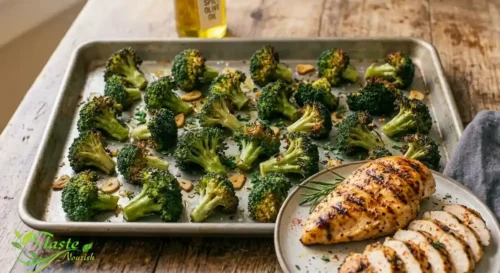 Spicy roasted broccoli served as a side dish next to grilled chicken