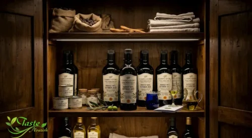 How to Tell If Olive Oil Is Real: Dark glass olive oil bottles stored away from light in a kitchen cabinet