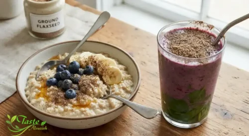 Ground flaxseed sprinkled over oatmeal and a smoothie