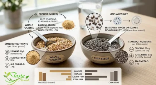 Flaxseed and chia seeds compared in small bowls for nutrition differences