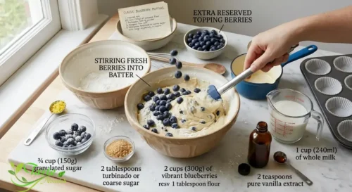 Fresh blueberries being folded into blueberry muffin batter