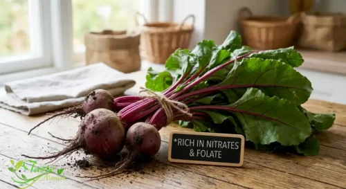 Health Benefits of Beetroot: Fresh whole beets with green leafy tops attached before storage