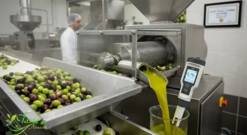 Fresh olives being pressed, illustrating how quickly processed fruit affects acidity