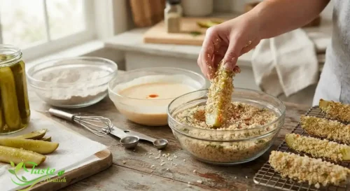 Breading dill pickle spears in seasoned panko for a crispy fried pickles recipe