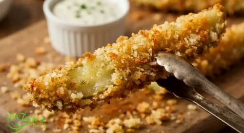 crispy fried pickle spear showing the crunchy panko crust