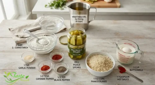 Ingredients for a fried pickles recipe including dill pickle spears, flour, panko, and buttermilk
