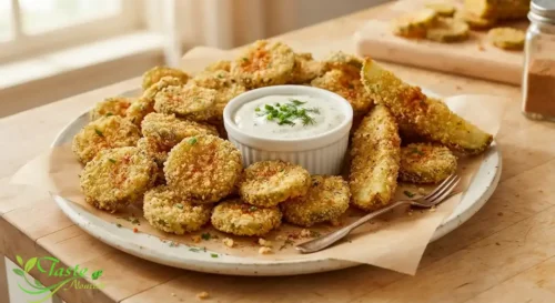 Fried pickles recipe served as an appetizer platter with ranch dipping sauce