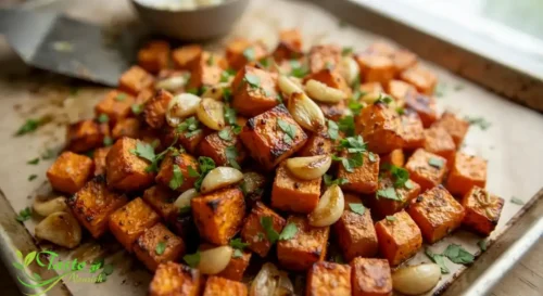 crispy caramelized garlic roasted sweet potatoes garnished with fresh parsley