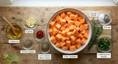 Ingredients for garlic sweet potatoes recipe cubed sweet potatoes, minced garlic, olive oil, smoked paprika, and thyme