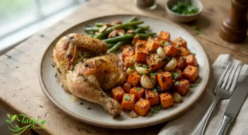 Garlic sweet potatoes served alongside roast chicken
