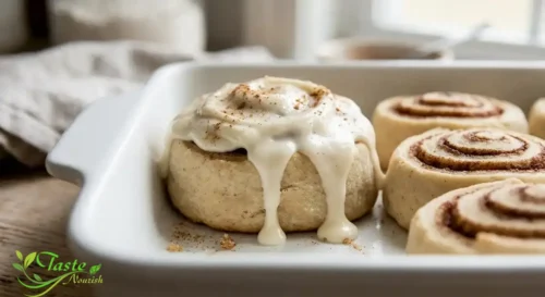 gluten free cinnamon roll with cream cheese frosting dripping down the side