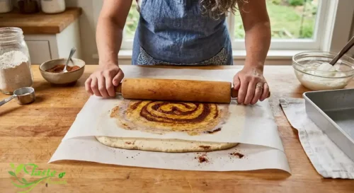 Gluten free cinnamon roll dough being rolled 