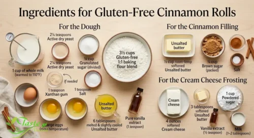 Flatlay of ingredients for gluten free cinnamon rolls, including gluten-free flour, cinnamon, and yeast