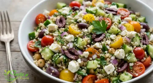 Greek quinoa salad topped with crumbled feta and fresh parsley