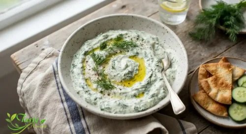 Finished Greek yogurt spinach dip in a bowl, chilled and ready to serve