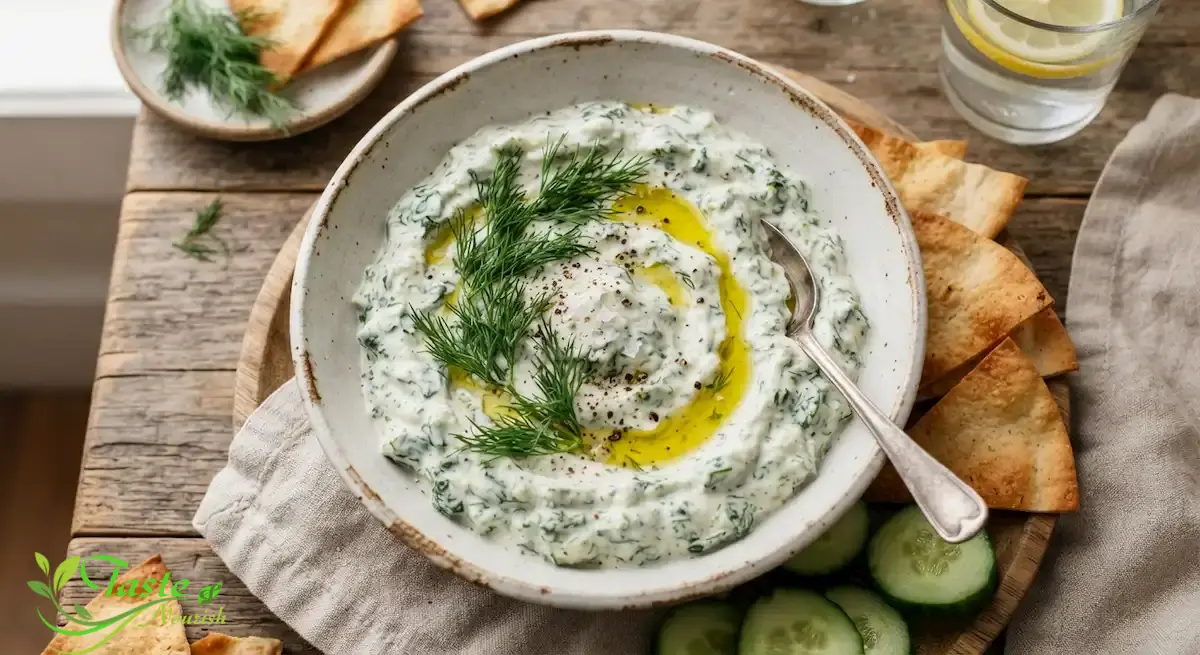 Greek Yogurt Spinach Dip Recipe (Healthy & Creamy) creamy Greek yogurt spinach dip garnished with dill and olive oil