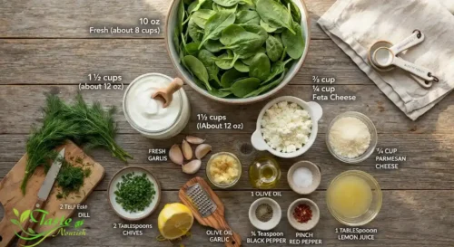 Ingredients for Greek yogurt spinach dip laid out yogurt, feta, spinach, garlic, lemon, dill