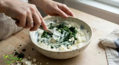 Chopped spinach being folded into a bowl of Greek yogurt and crumbled feta