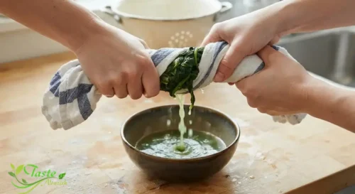 Hands wringing wilted spinach in a kitchen towel to remove excess liquid