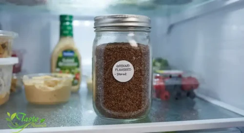 Ground flaxseed stored in an airtight jar in the refrigerator