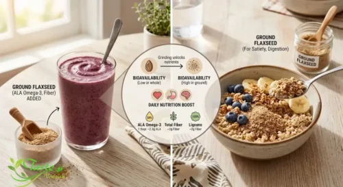 Ground flaxseed added to smoothie and oatmeal bowl for daily nutrition