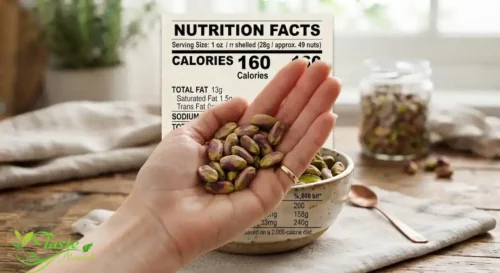 Hand holding a small handful of pistachios equal to a 159-calorie serving