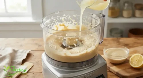 Tahini and lemon juice blending in a food processor for smooth homemade hummus