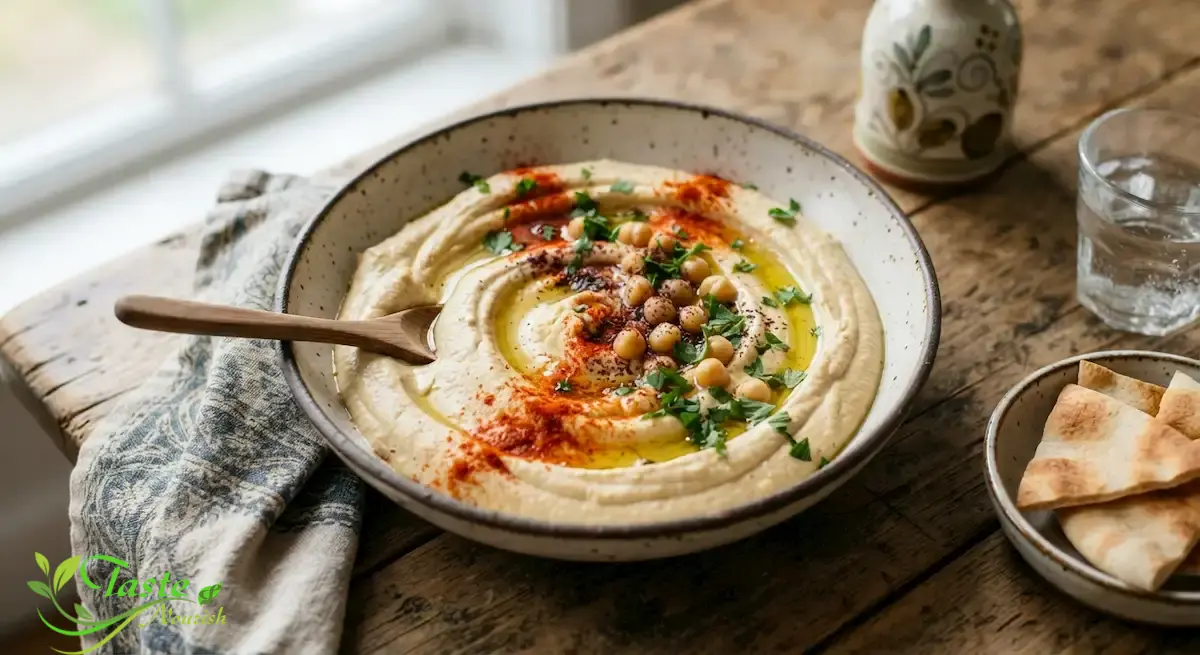 Easy Homemade Hummus Recipe (Classic & Ready in 10 Minutes) Bowl of creamy homemade hummus topped with olive oil, paprika, and parsley