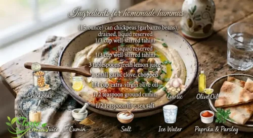 Ingredients for homemade hummus — chickpeas, tahini, lemon, garlic, and olive oil