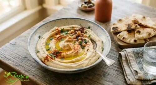 Homemade hummus swirled in a bowl and served with warm pita bread