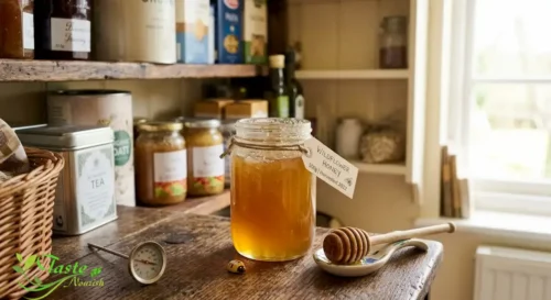 Wooden honey dipper resting beside an open jar of honey