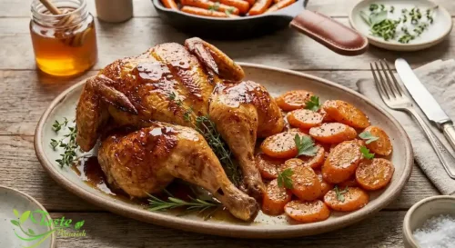 Honey glazed carrots served as a side dish next to roasted chicken