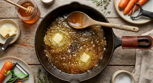 Butter and honey glaze simmering in a skillet before carrots are added