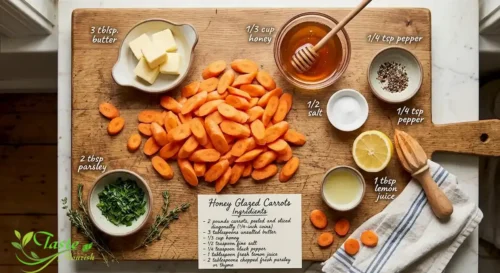 Ingredients for honey glazed carrots laid out sliced carrots, butter, honey, salt, and pepper